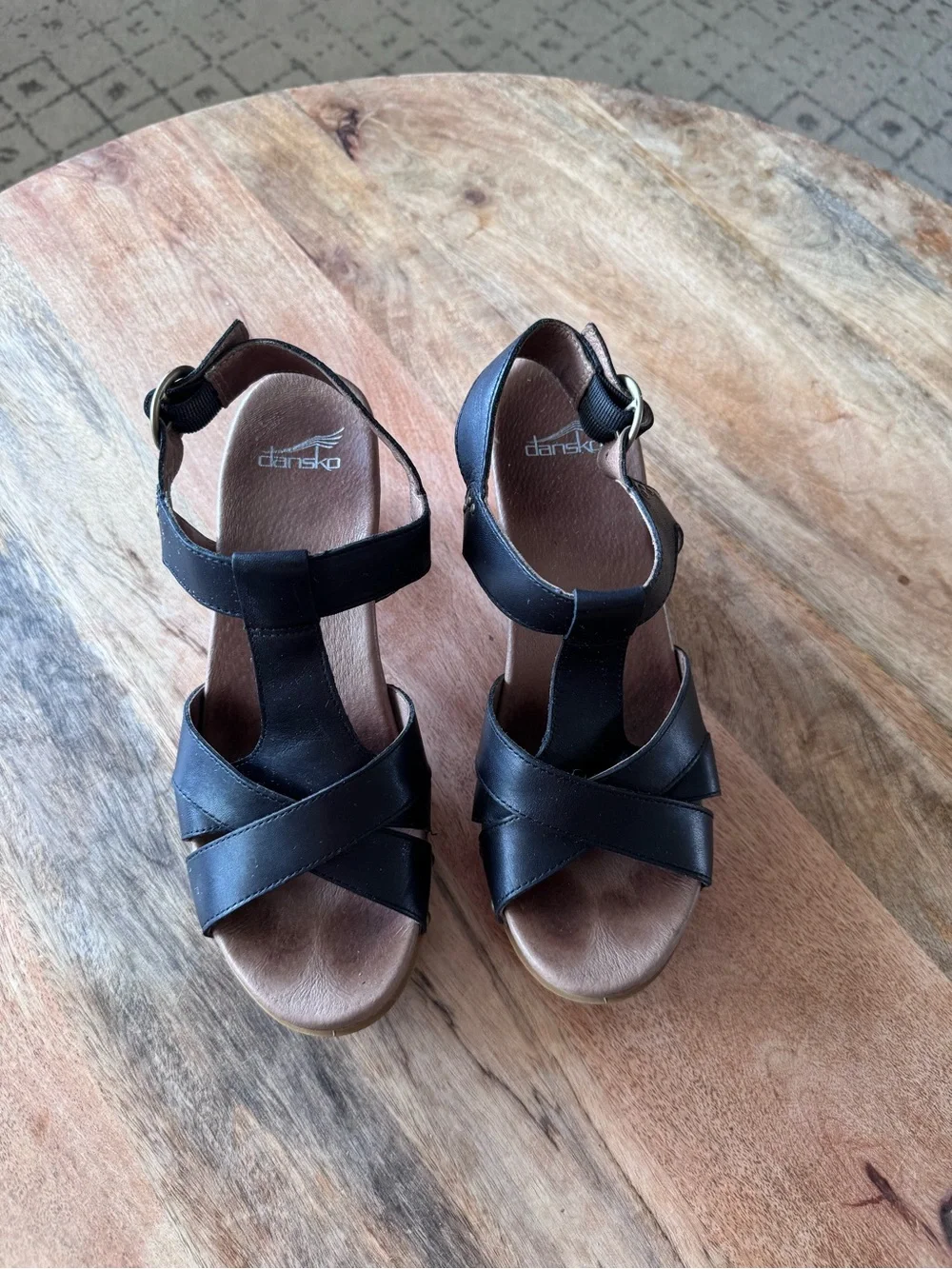 Dansko Black Leather Cross-Strap Platform Sandals